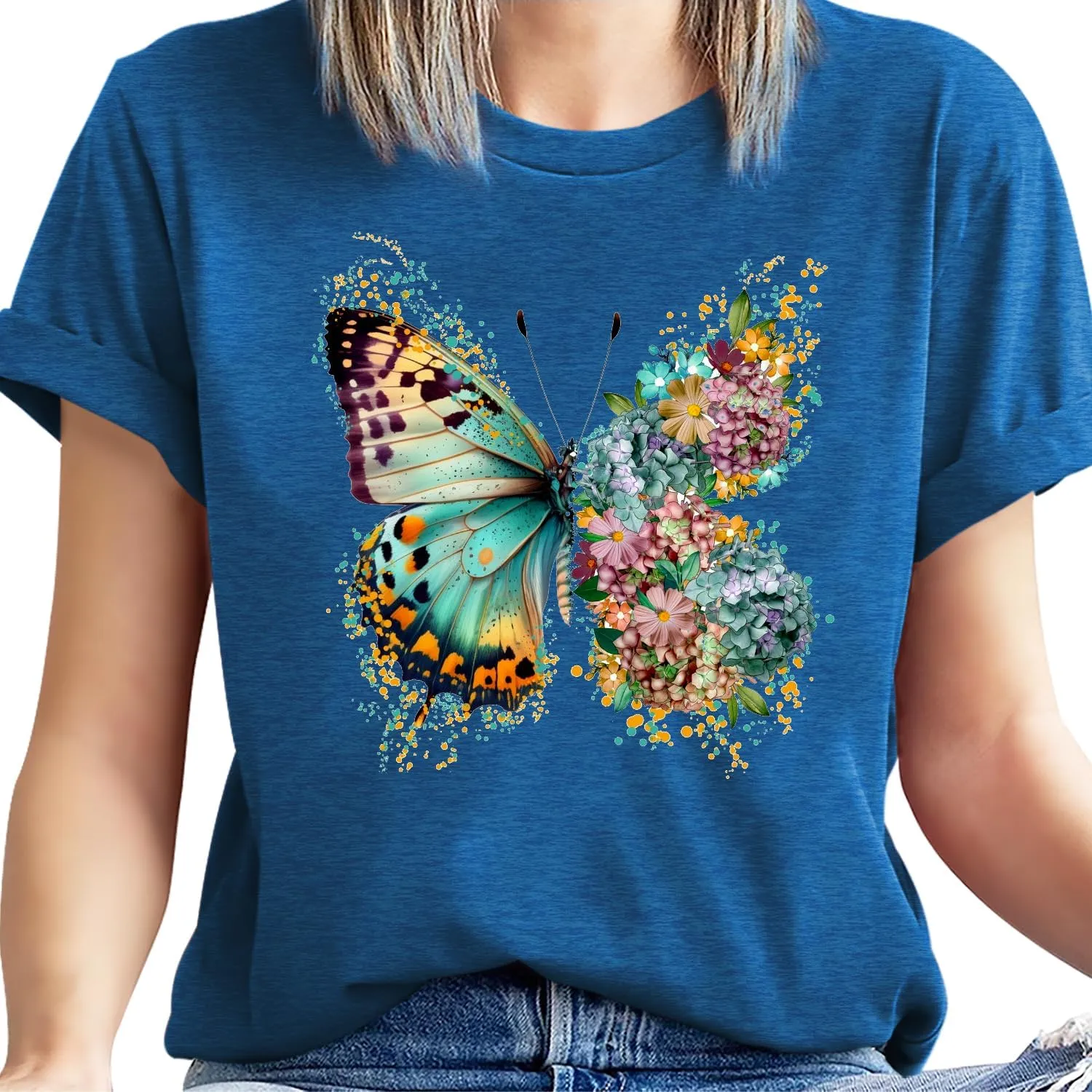 Butterfly Shirts for Women Vintage Floral Tee Shirt Butterfly Graphic Tops Womens Vacation T-Shirt Nature Lover Tee