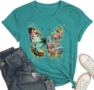 Butterfly Shirts for Women Vintage Floral Tee Shirt Butterfly Graphic Tops Womens Vacation T-Shirt Nature Lover Tee