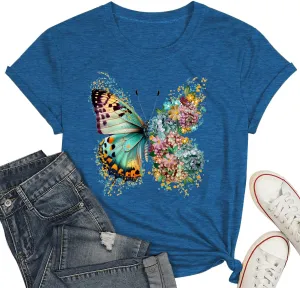 Butterfly Shirts for Women Vintage Floral Tee Shirt Butterfly Graphic Tops Womens Vacation T-Shirt Nature Lover Tee