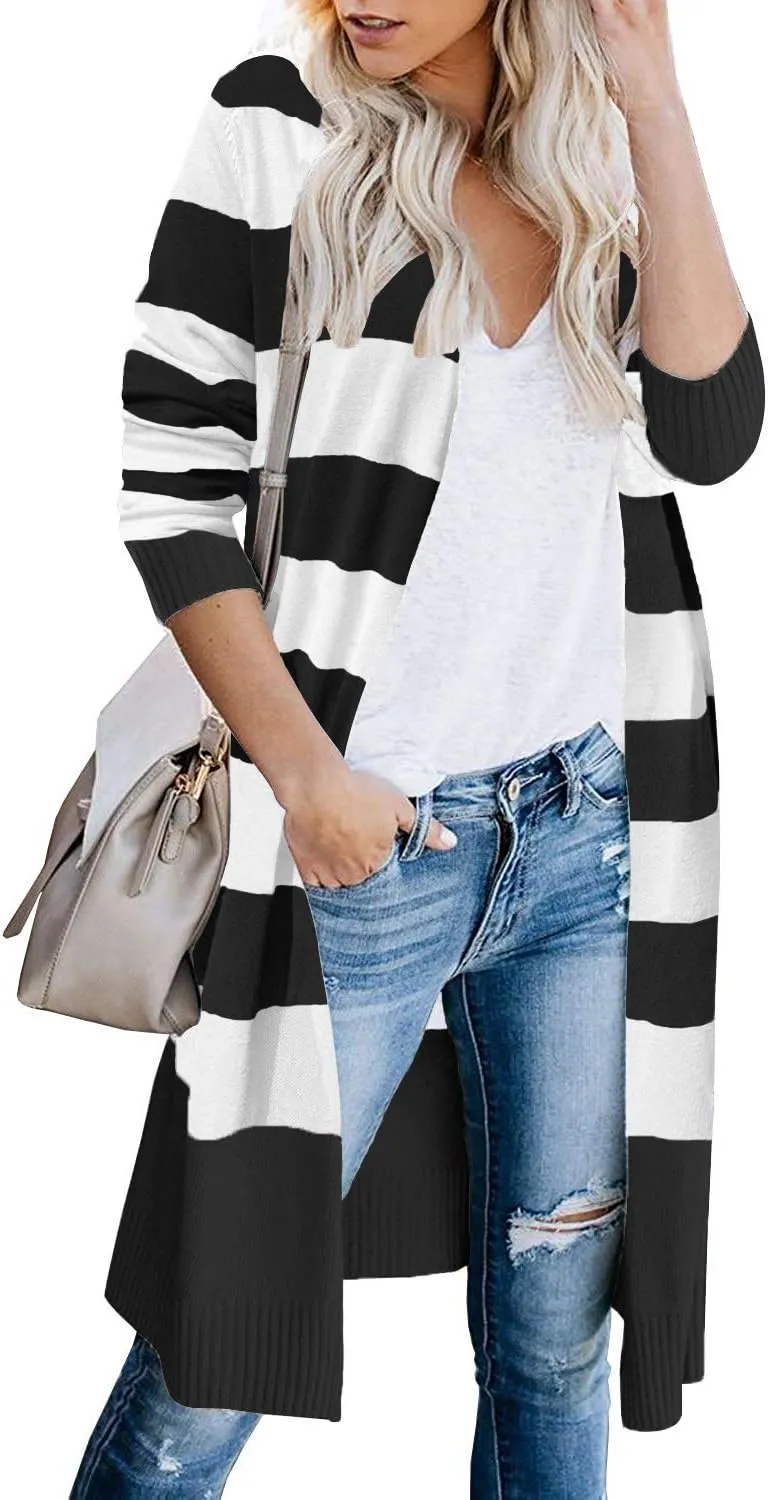 CARDYDONY Women's Long Cardigan Open Front Color Block Cardigan Knit Sweaters