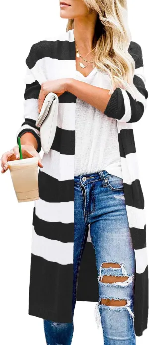 CARDYDONY Women's Long Cardigan Open Front Color Block Cardigan Knit Sweaters