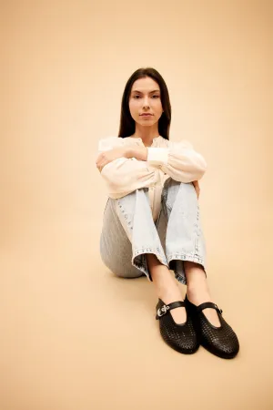 CARROLL BLACK - Perforated Leather Ballet Flats with Buckle