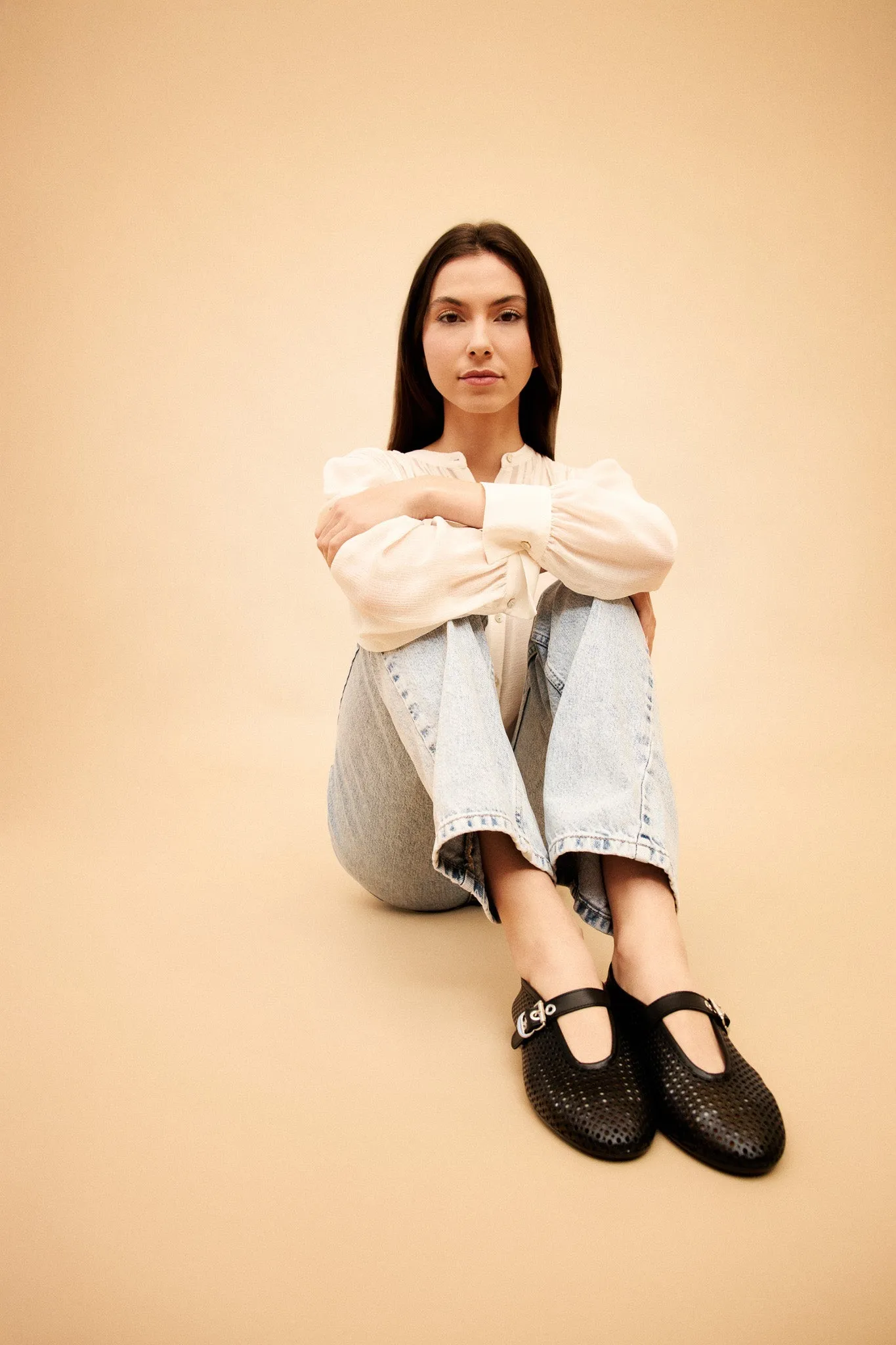 CARROLL BLACK - Perforated Leather Ballet Flats with Buckle