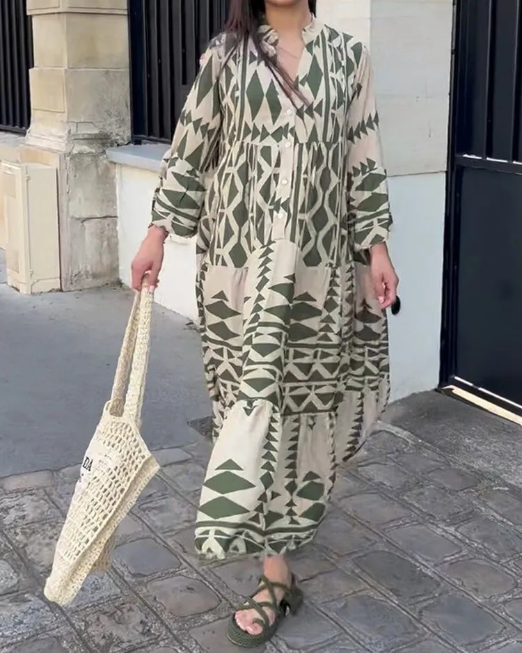 Casual Printed Long Dress Women Spring Summer Long Sleeve Pleated Dress Women's Fashion Retro Bohemian Dress