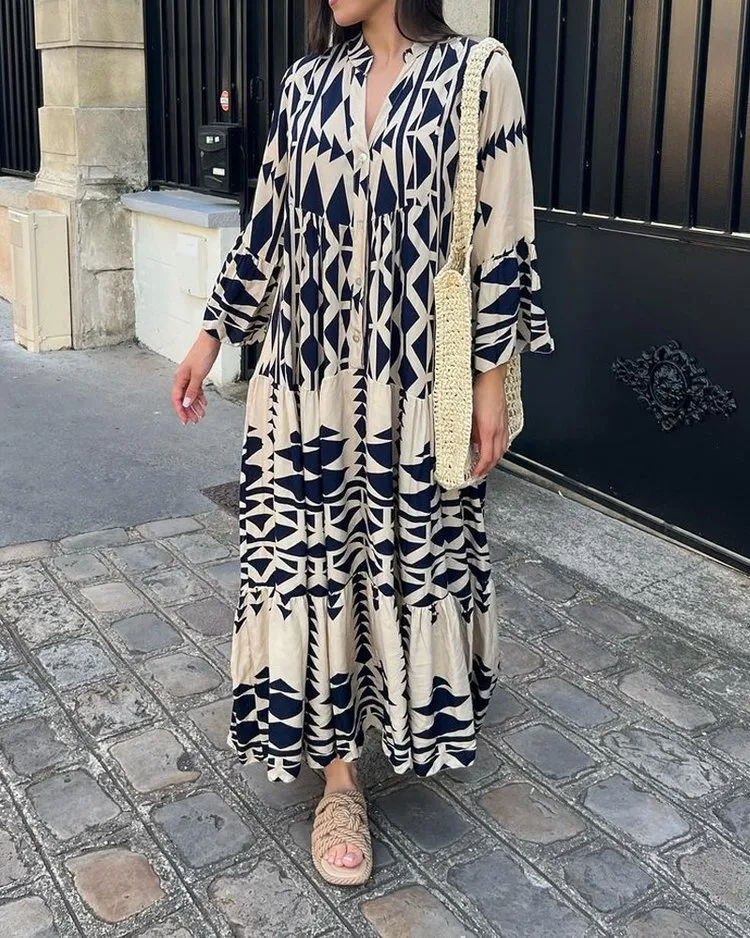Casual Printed Long Dress Women Spring Summer Long Sleeve Pleated Dress Women's Fashion Retro Bohemian Dress