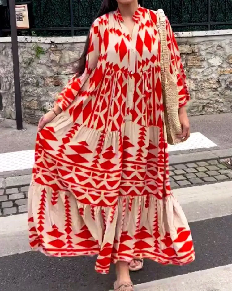 Casual Printed Long Dress Women Spring Summer Long Sleeve Pleated Dress Women's Fashion Retro Bohemian Dress