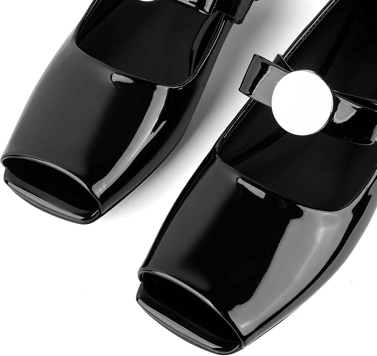 Celbreez Ballet Flats Shoes for Women Open Square Toe Mary Jane Flat Patent Leather Chunky Round Block Heel Pumps Slip On Ballerina Shoes