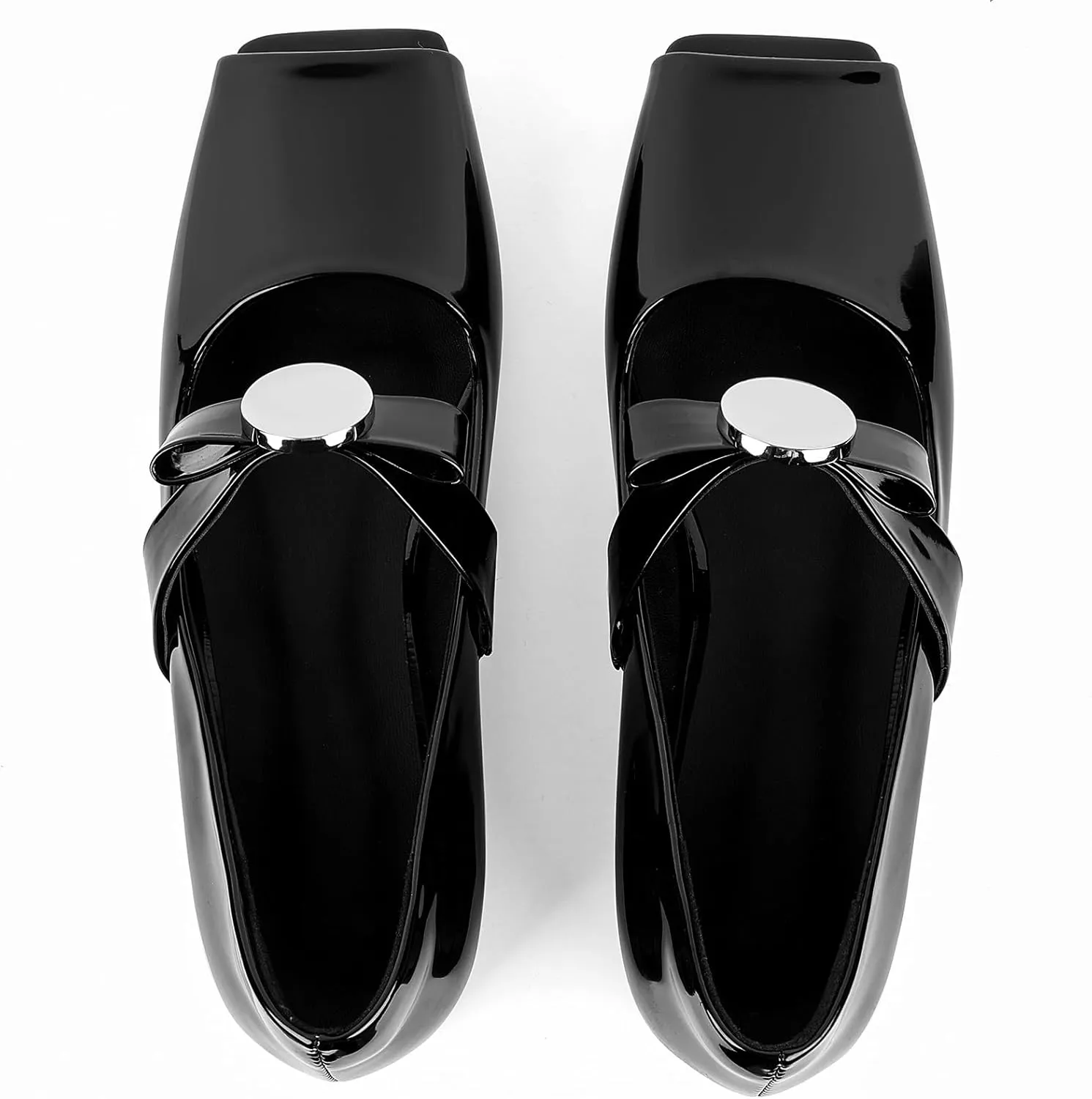 Celbreez Ballet Flats Shoes for Women Open Square Toe Mary Jane Flat Patent Leather Chunky Round Block Heel Pumps Slip On Ballerina Shoes
