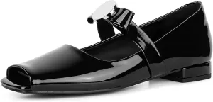Celbreez Ballet Flats Shoes for Women Open Square Toe Mary Jane Flat Patent Leather Chunky Round Block Heel Pumps Slip On Ballerina Shoes
