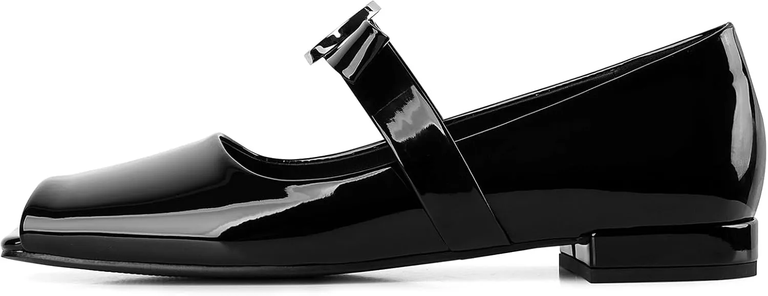 Celbreez Ballet Flats Shoes for Women Open Square Toe Mary Jane Flat Patent Leather Chunky Round Block Heel Pumps Slip On Ballerina Shoes
