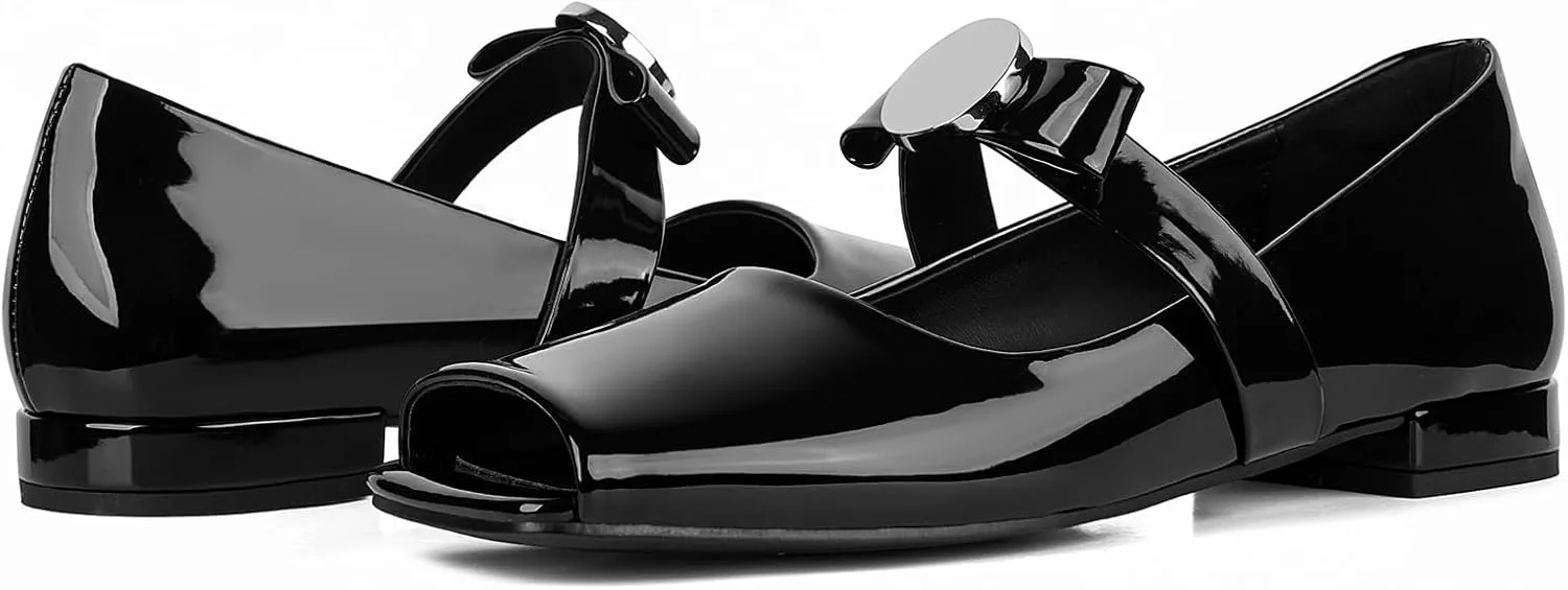 Celbreez Ballet Flats Shoes for Women Open Square Toe Mary Jane Flat Patent Leather Chunky Round Block Heel Pumps Slip On Ballerina Shoes