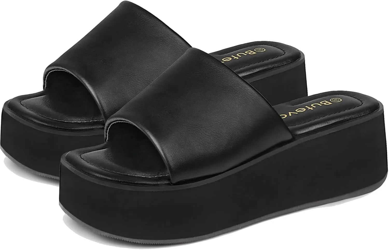 Chunky Platform Sandals for Women - Comfort Black Open Toe Slip on Platform Slides Y2K Wedge Sandals for Summer Casual