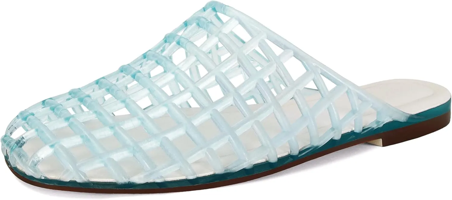 Clear Jelly Flats for Women Closed Toe Mesh Hollow Jellies Mule Sandals Slip On Jelly Slides Casual Comforatable Summer Beach Slipper Sandals
