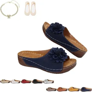 Comfortable Non-Slip Solid Color Open-Toe Wedge Sandals for Women, Women's Lightweight Flowers Open Toe Sandals, Mesh Slip-on Wide Casual Slip Arch Support Orthopedic Slides