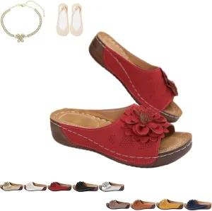 Comfortable Non-Slip Solid Color Open-Toe Wedge Sandals for Women, Women's Lightweight Flowers Open Toe Sandals, Mesh Slip-on Wide Casual Slip Arch Support Orthopedic Slides