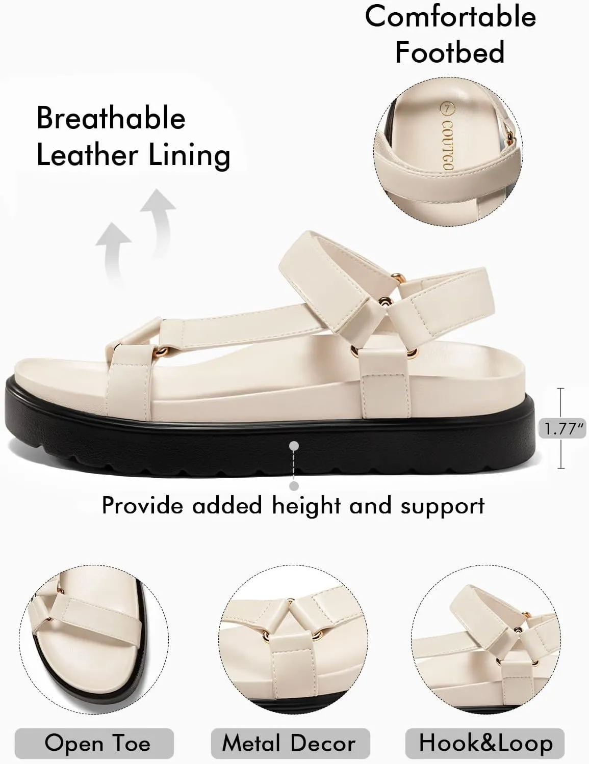Coutgo Womens Platform Sandals Comfortable Arch Support Footbed Adjustable Ankle Strap Summer Beach Flat Sandals