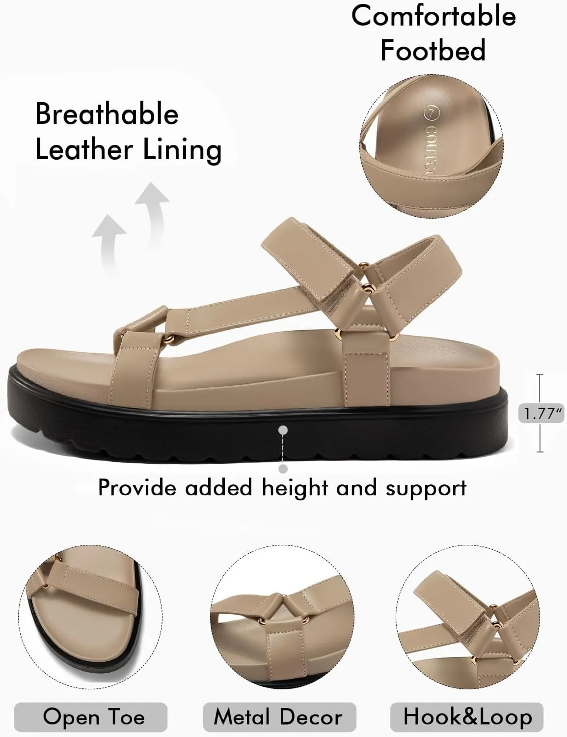 Coutgo Womens Platform Sandals Comfortable Arch Support Footbed Adjustable Ankle Strap Summer Beach Flat Sandals