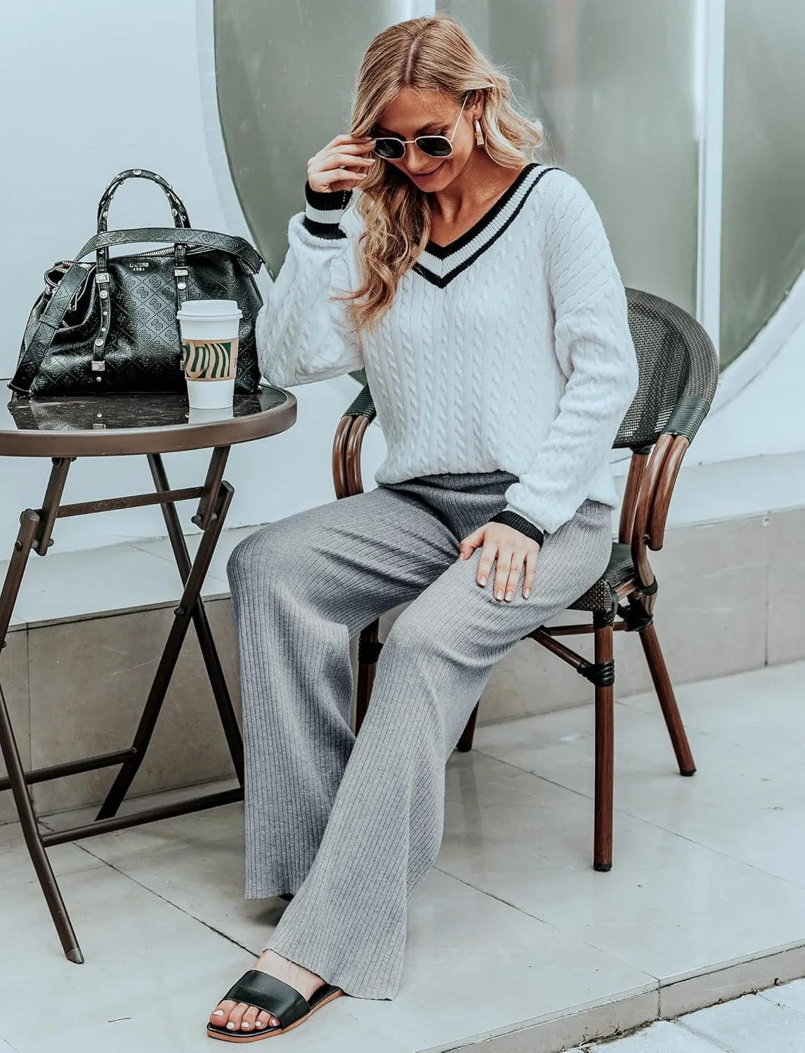 Cowasto Women's Casual Ribbed Knit Pants Elastic Waist Tie Front Wide Leg Sweater Pants