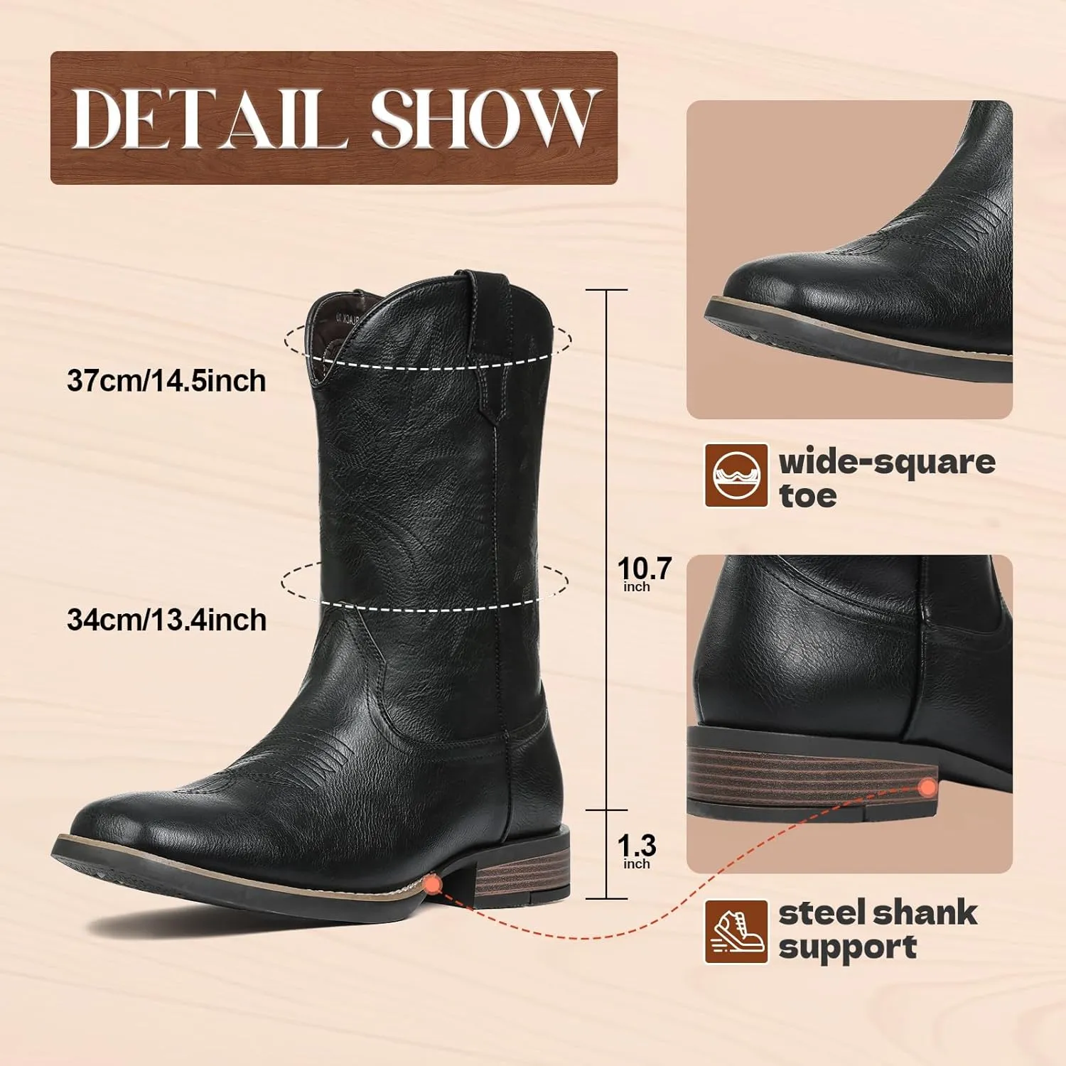 Cowboy Boots For Men with Wide Square Toe Western Retro Boot Durable Classic Fashionable Embroidered Country Pull On Slip Resistant Boots