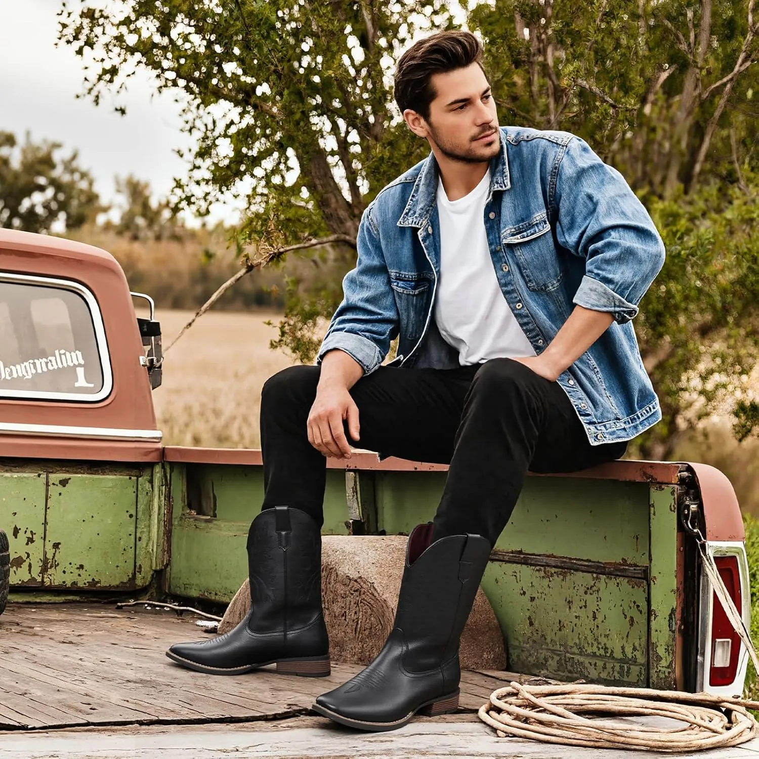 Cowboy Boots For Men with Wide Square Toe Western Retro Boot Durable Classic Fashionable Embroidered Country Pull On Slip Resistant Boots