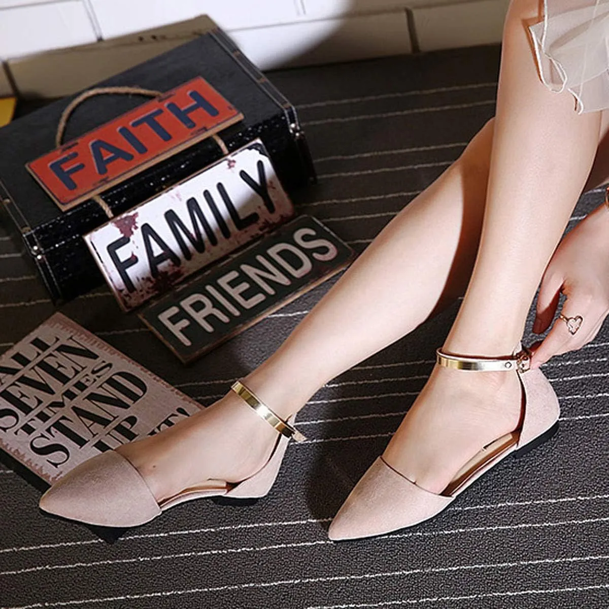 Dear Time Women Ankle Strap Flat Sandal Shoes Summer Pointy Toe Ballet Flats