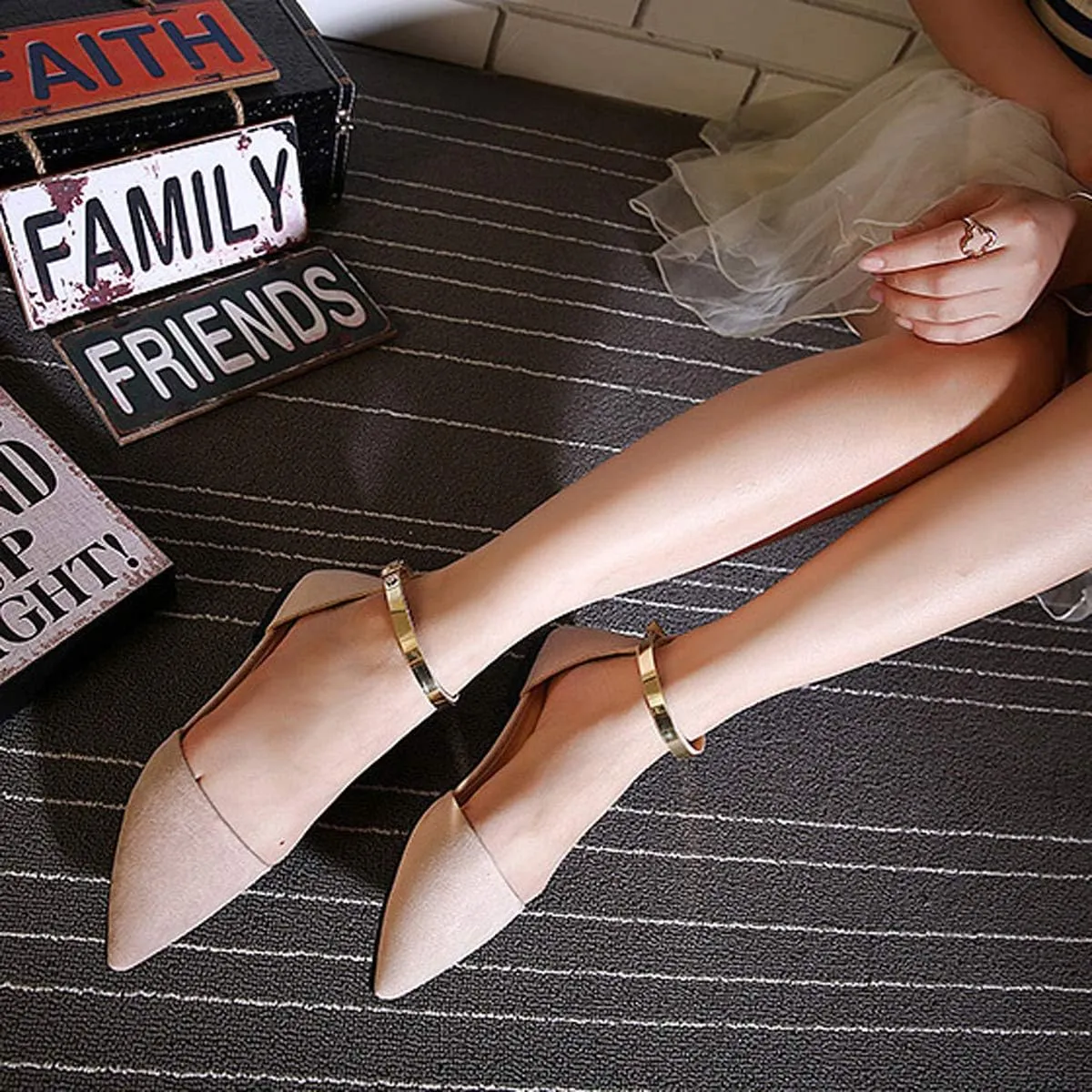 Dear Time Women Ankle Strap Flat Sandal Shoes Summer Pointy Toe Ballet Flats