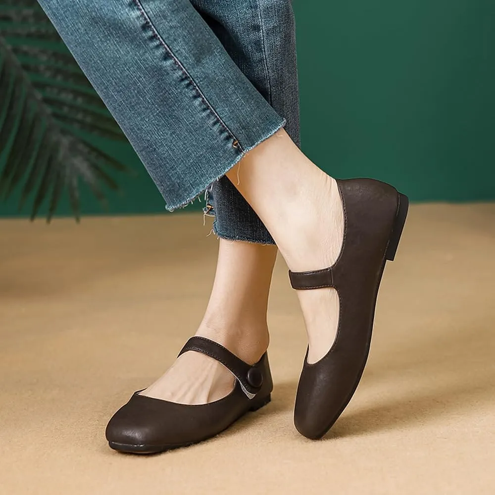 Dear Time Women's Square Toe Ballet Mary Jane Dress Flats Shoes Comfortable Black Brown Vintage Ballet Shoes for Women