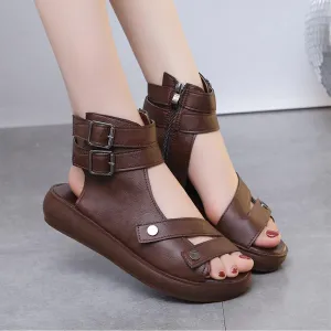 DekiI Orthopedic Sandals Women's High-Top Sandal Boots Toe Cutout Zipper Sandals Casual Solid Color Fish Mouth Leather Hollow Chunky Heel Sandal Orthopedic Sandals (Color : Brown, Size : 8 US)