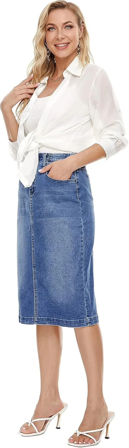Denim Skirts for Women Knee Length,high Waist Split Bag Hip Jeans Skirts, Midi Length Denim Skirts