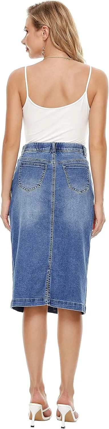 Denim Skirts for Women Knee Length,high Waist Split Bag Hip Jeans Skirts, Midi Length Denim Skirts