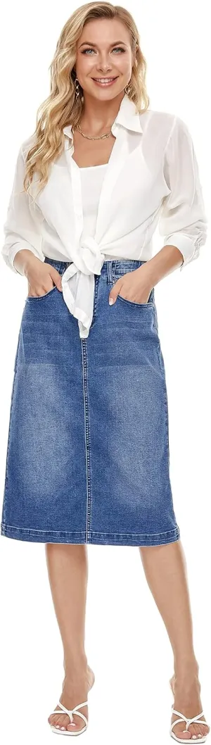 Denim Skirts for Women Knee Length,high Waist Split Bag Hip Jeans Skirts, Midi Length Denim Skirts