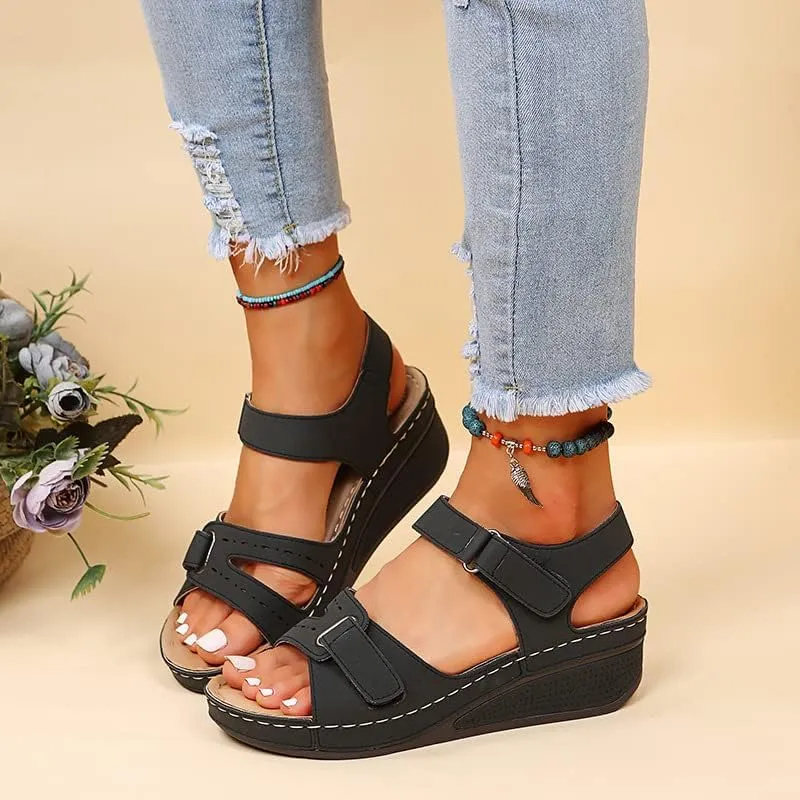 DOIX Women Orthopedic Sandals with Arch Support Comfortable Wedge Fish Mouth Sandals Plantar Fasciitis Sport Sandals for Flat Feet Soft Sole Wide Fit Outdoor Beach Shoes,Black,US8/EU39