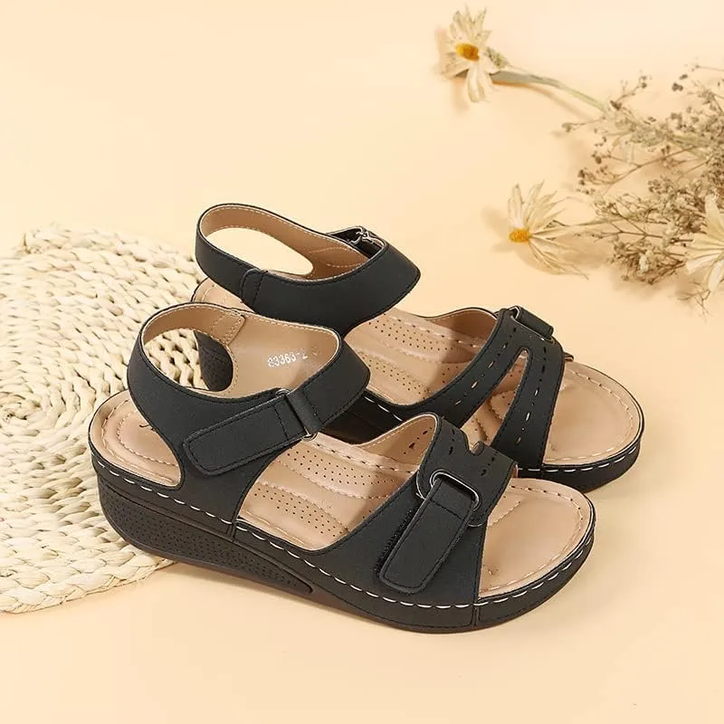 DOIX Women Orthopedic Sandals with Arch Support Comfortable Wedge Fish Mouth Sandals Plantar Fasciitis Sport Sandals for Flat Feet Soft Sole Wide Fit Outdoor Beach Shoes,Black,US8/EU39