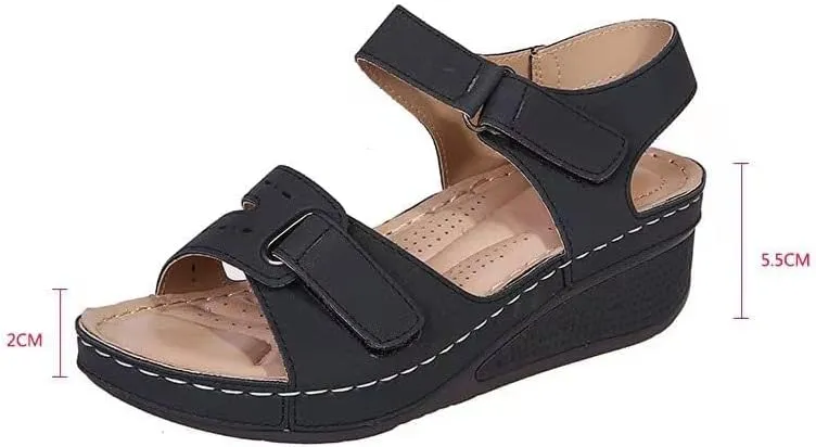 DOIX Women Orthopedic Sandals with Arch Support Comfortable Wedge Fish Mouth Sandals Plantar Fasciitis Sport Sandals for Flat Feet Soft Sole Wide Fit Outdoor Beach Shoes,Black,US8/EU39