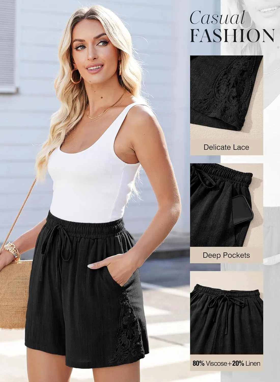 Dokotoo Women's Shorts Casual Flowy High Waisted Comfy Summer Elastic Drawstring Boho Dressy Pockets