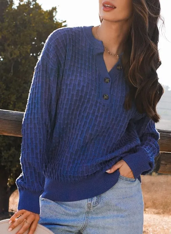 Dokotoo Womens Sweaters 2024 Casual Long Sleeve V Neck Textured Button Fall Sweater Loose Fit Pullover Jumper Tops