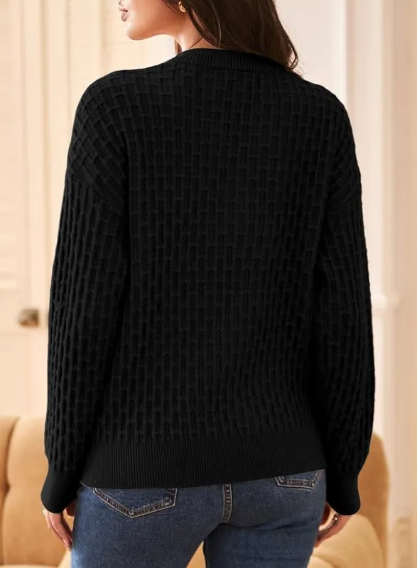 Dokotoo Womens Sweaters 2024 Casual Long Sleeve V Neck Textured Button Fall Sweater Loose Fit Pullover Jumper Tops