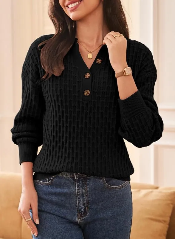Dokotoo Womens Sweaters 2024 Casual Long Sleeve V Neck Textured Button Fall Sweater Loose Fit Pullover Jumper Tops