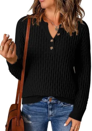 Dokotoo Womens Sweaters 2024 Casual Long Sleeve V Neck Textured Button Fall Sweater Loose Fit Pullover Jumper Tops