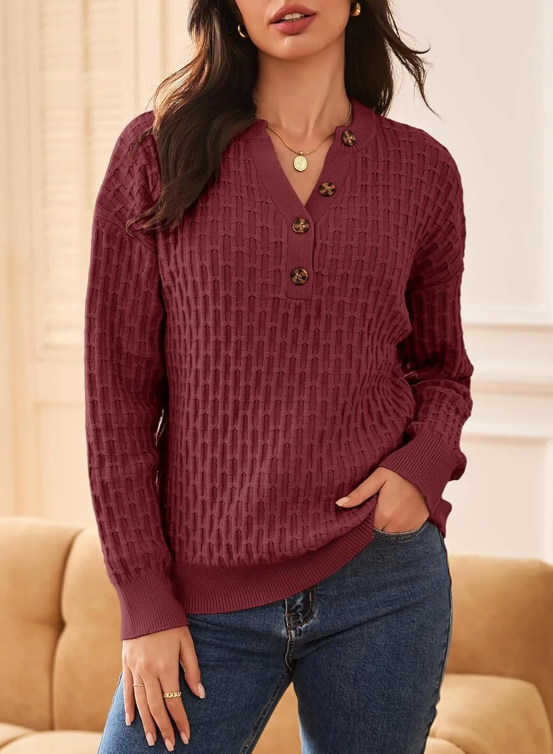 Dokotoo Womens Sweaters 2024 Casual Long Sleeve V Neck Textured Button Fall Sweater Loose Fit Pullover Jumper Tops