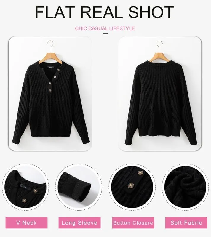Dokotoo Womens Sweaters 2024 Casual Long Sleeve V Neck Textured Button Fall Sweater Loose Fit Pullover Jumper Tops