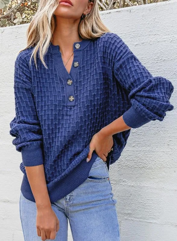 Dokotoo Womens Sweaters 2024 Casual Long Sleeve V Neck Textured Button Fall Sweater Loose Fit Pullover Jumper Tops