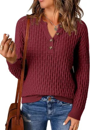 Dokotoo Womens Sweaters 2024 Casual Long Sleeve V Neck Textured Button Fall Sweater Loose Fit Pullover Jumper Tops