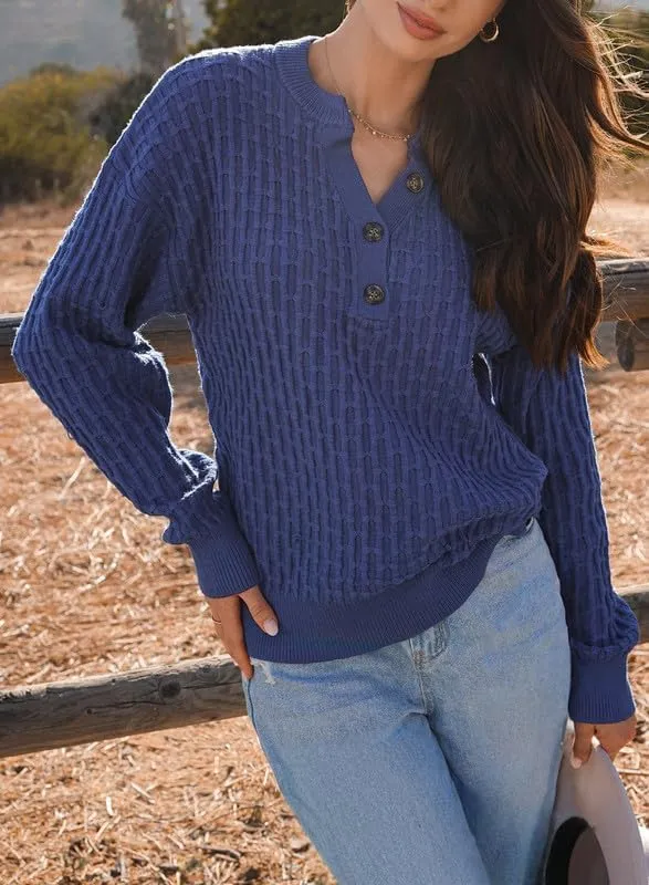 Dokotoo Womens Sweaters 2024 Casual Long Sleeve V Neck Textured Button Fall Sweater Loose Fit Pullover Jumper Tops