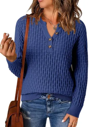 Dokotoo Womens Sweaters 2024 Casual Long Sleeve V Neck Textured Button Fall Sweater Loose Fit Pullover Jumper Tops