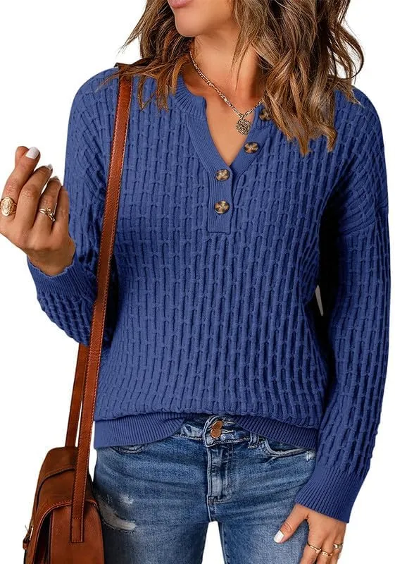 Dokotoo Womens Sweaters 2024 Casual Long Sleeve V Neck Textured Button Fall Sweater Loose Fit Pullover Jumper Tops