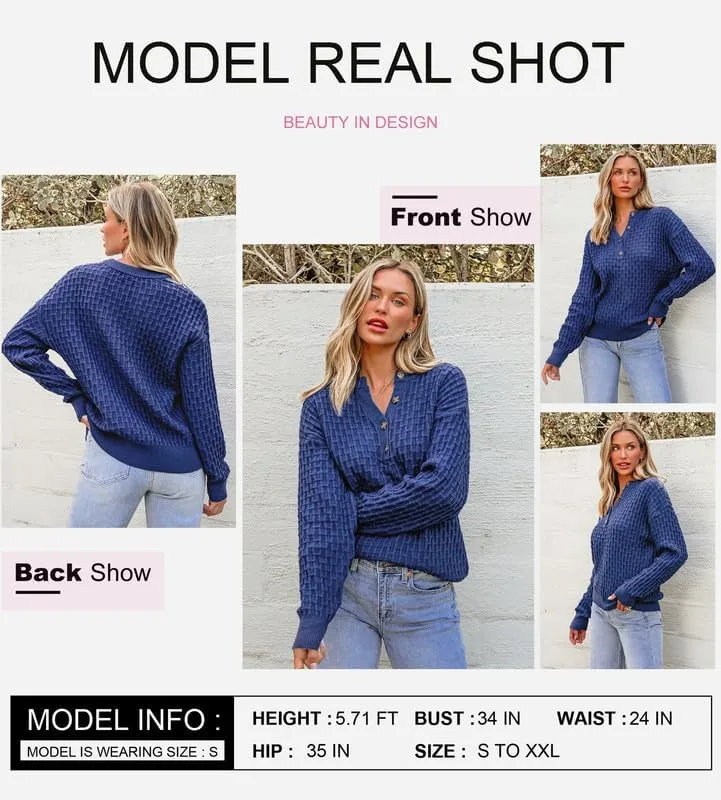 Dokotoo Womens Sweaters 2024 Casual Long Sleeve V Neck Textured Button Fall Sweater Loose Fit Pullover Jumper Tops