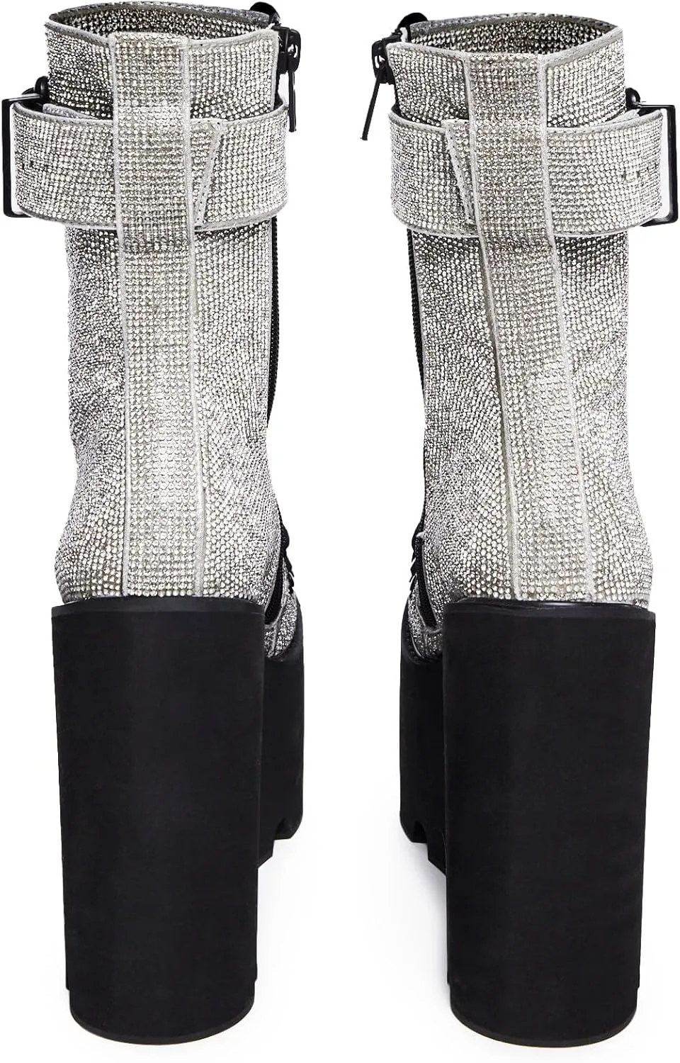 Dolls Kill Crystal Traitor Boots by Club Exx – Silver Rhinestone Studded Wedge Platform Boots with Lace-Up & Buckle Straps