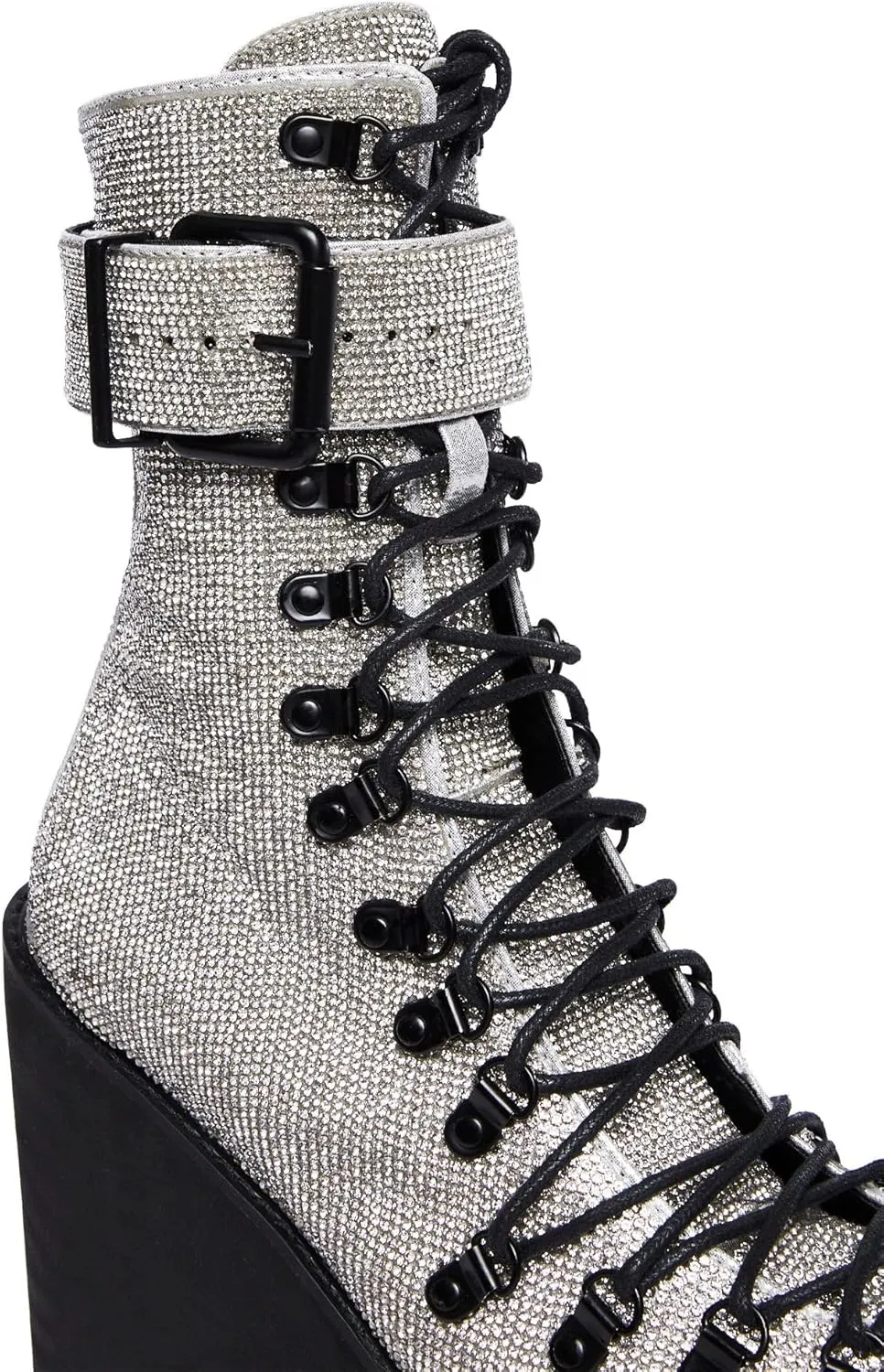 Dolls Kill Crystal Traitor Boots by Club Exx – Silver Rhinestone Studded Wedge Platform Boots with Lace-Up & Buckle Straps