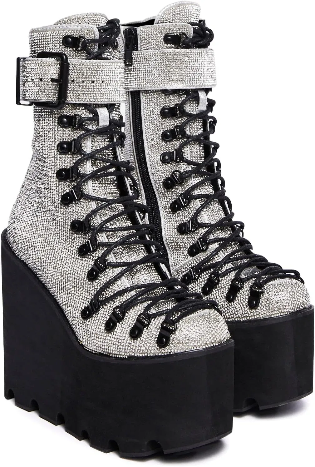 Dolls Kill Crystal Traitor Boots by Club Exx – Silver Rhinestone Studded Wedge Platform Boots with Lace-Up & Buckle Straps